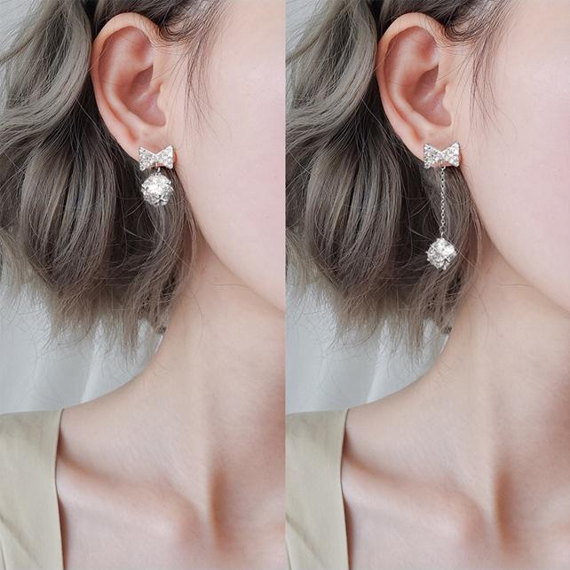 Bông tai nơ quả cầu đính đá bất đối xứng