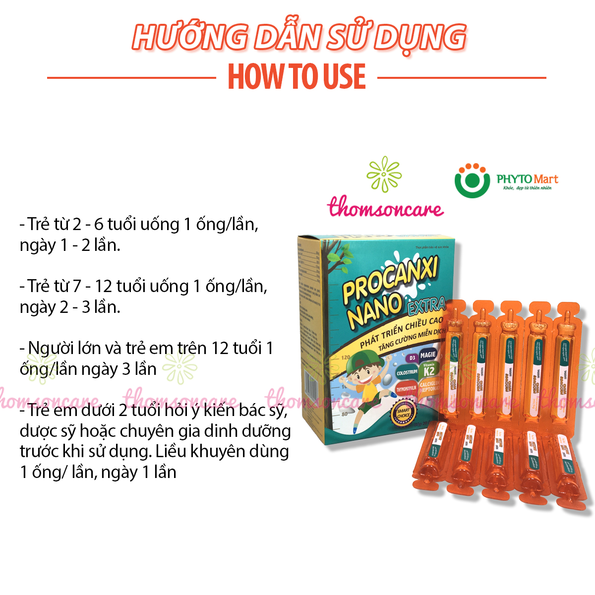 Procanxi Nano Extra - Bổ sung canxi, tăng chiều cao và đề kháng cho bé với Thymodulin và FOS - Hộp 20 ống tiện lợi