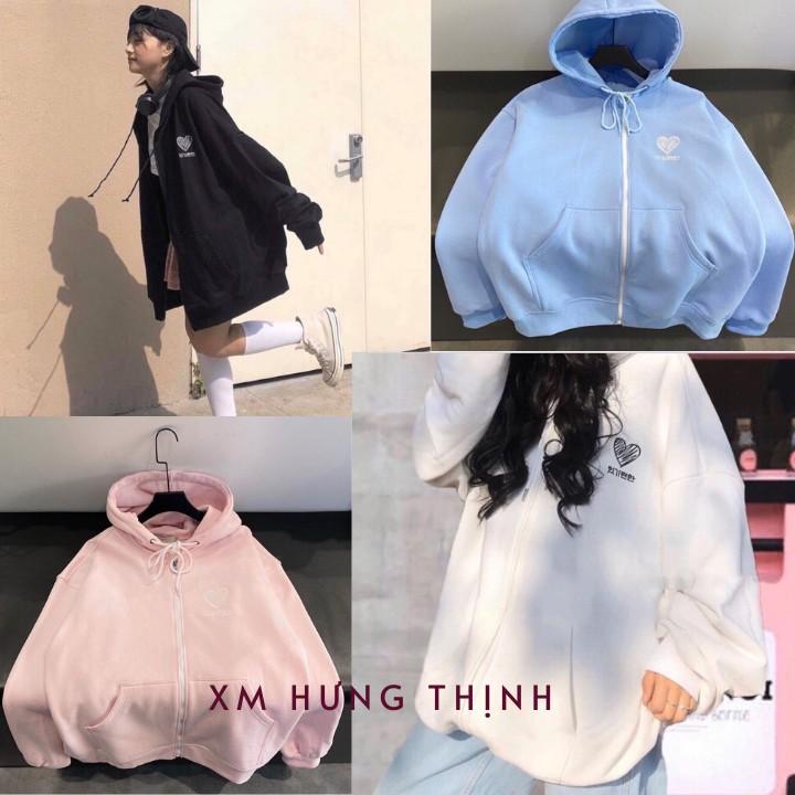 Áo khoác nỉ nữ form rộng, áo hoodie in trái tim 0100
