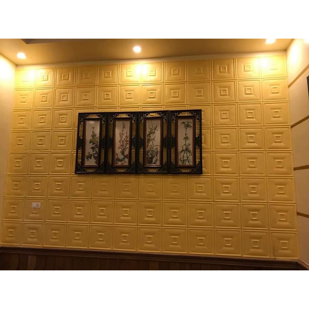 Bộ 10 Tấm Xốp Dán Tường Da Ô Vuông, Da P3 Vàng Kem