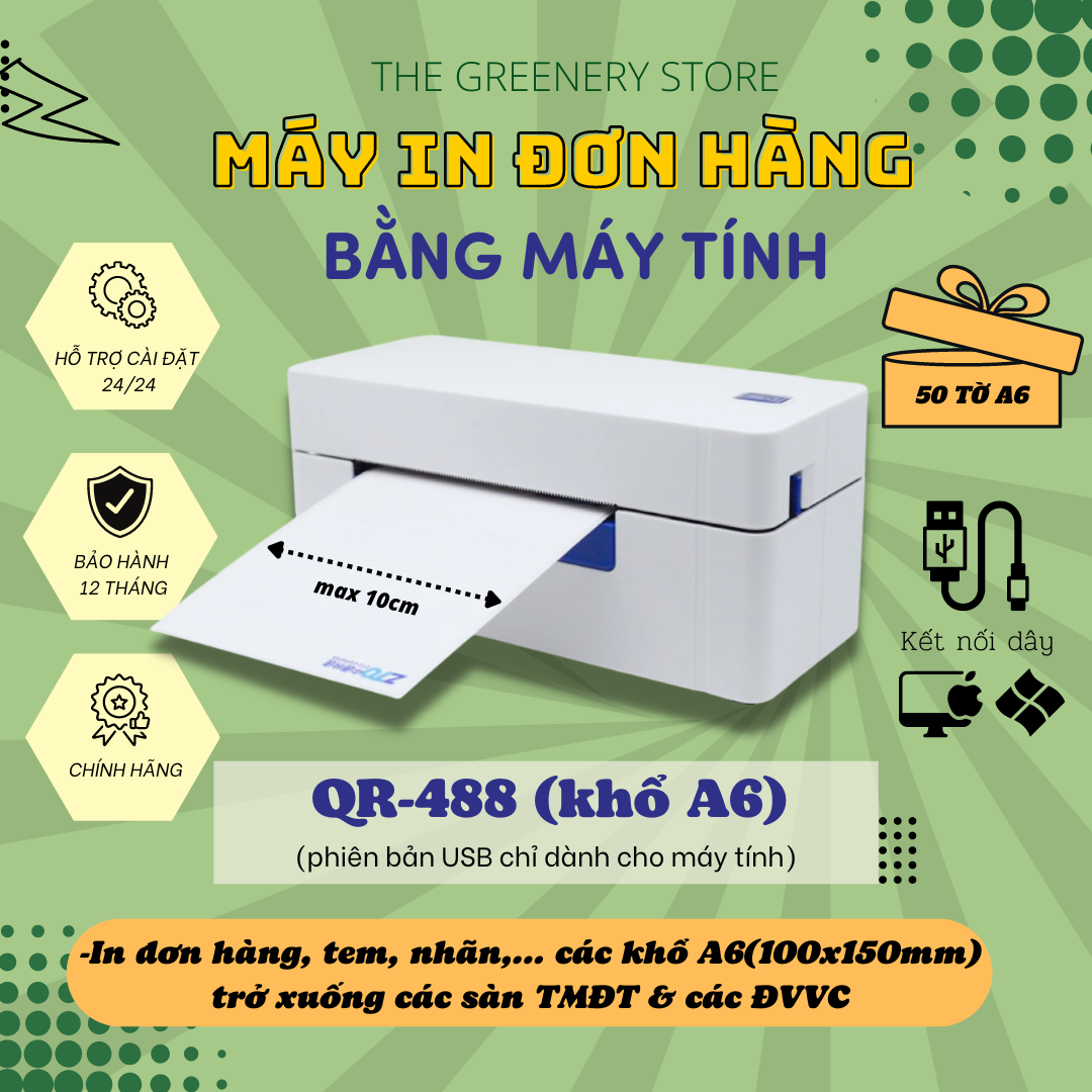 Máy in nhiệt QR-488BT (Khổ A6) kết nối Bluetooth In Đơn Hàng bằng Điện Thoại trên sàn TMĐT, Tem, Nhãn, Mã Vạch, ĐVVC