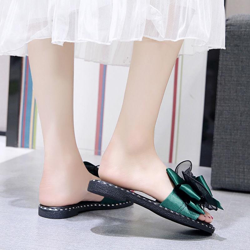 Slippers women wear 2022 summer new Korean version of students' bow tie one-word slippers flat-soled sandals