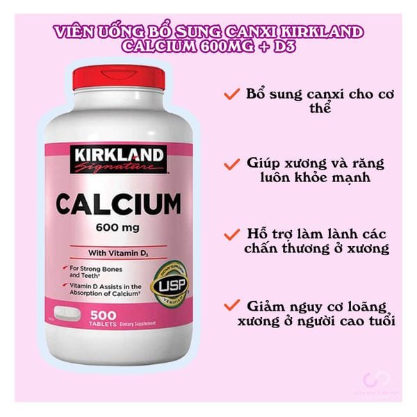 Canxi (Calcium) Vitamin d3 cho người lớn Kirkland giúp xương, răng chắc khỏe, ngừa loãng xương, giảm nhức mỏi khi vận động - Massel Official -500 viên/hộp