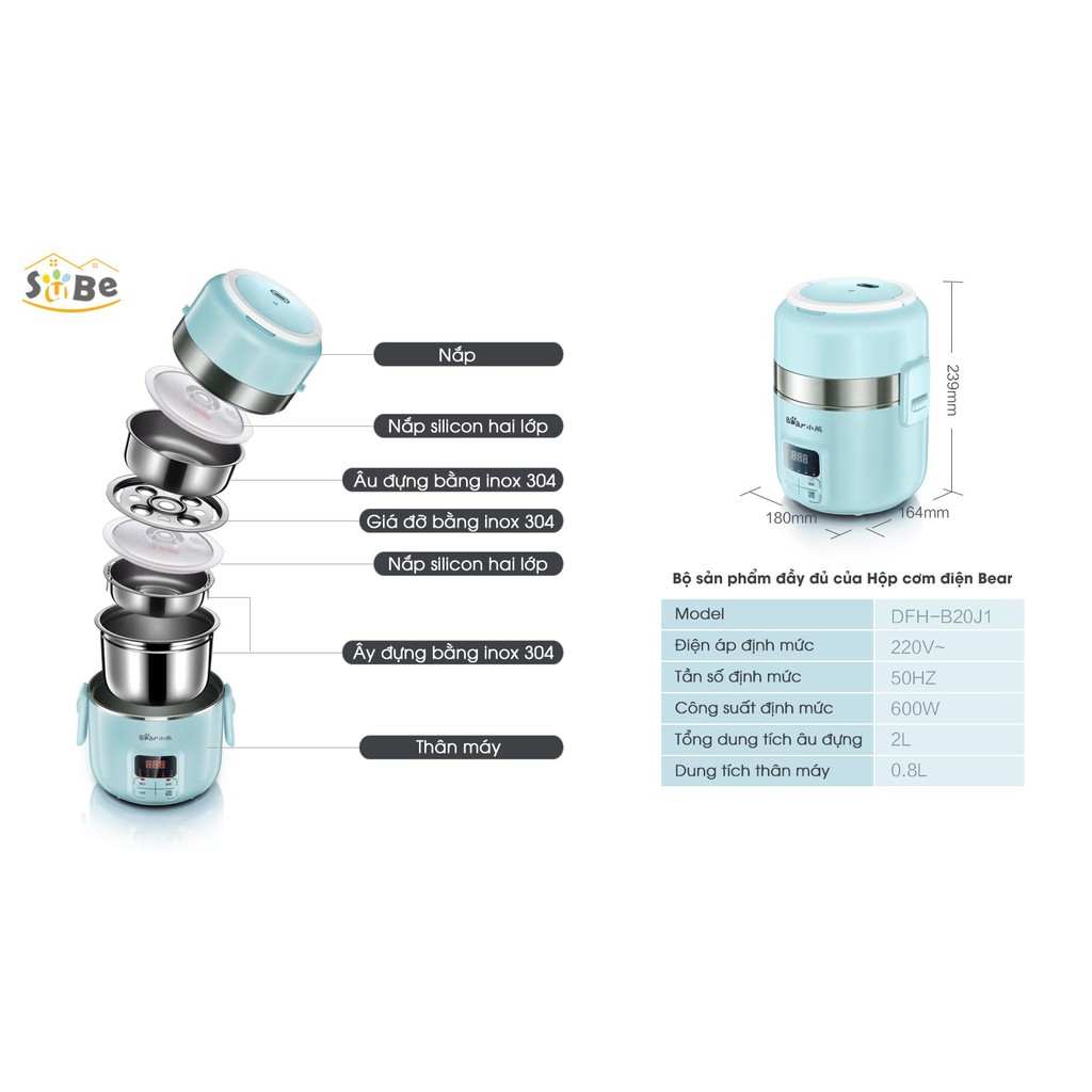 Hộp Cơm Điện Giữ Nhiệt Và Nấu Chín BEAR DFH-B20J1 2 Tầng Dung Tích 2 Lít Công Suất 600 W - Hàng Nhập Khẩu
