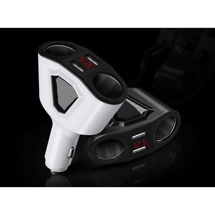 Bộ Chia Tẩu Sạc Xe Hơi Ô Tô 2 Nguồn 2 Usb Báo Điện Áp