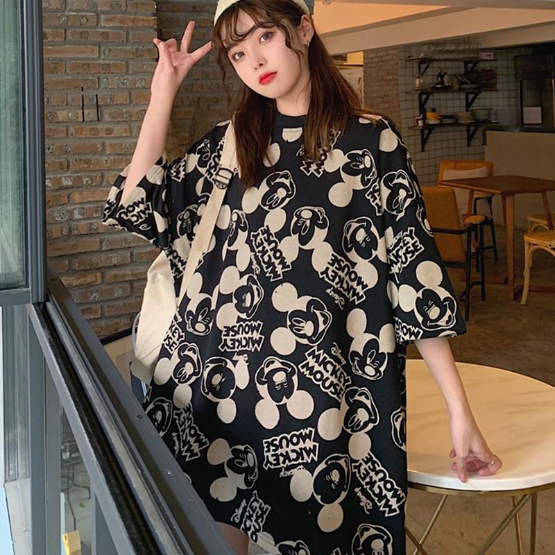 Áo thun tay ngắn cổ tròn dáng rộng in họa tiết hoạt hình đáng yêu cho nữ