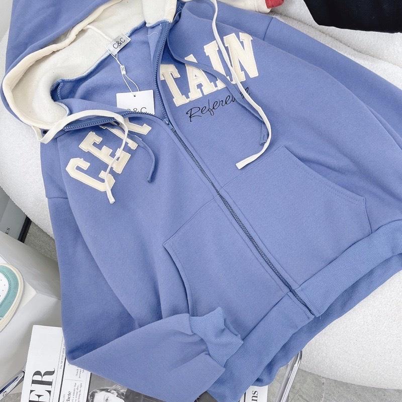 ÁO KHOÁC HOODIE NỮ KHÓA KÉO VẢI NỈ BÔNG FORM RỘNG TAY PHỒNG CHỮ THÊU NHIỀU , ÁO HOODIE KHÓA KÉO MŨ TRÙM