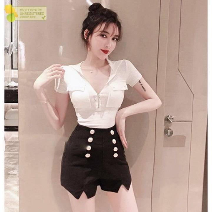 [L2M] Quần short nữ lưng cao tôn dáng PHỐI 8 NÚT xẻ đùi chất kaki co giãn thoáng mát - Đen