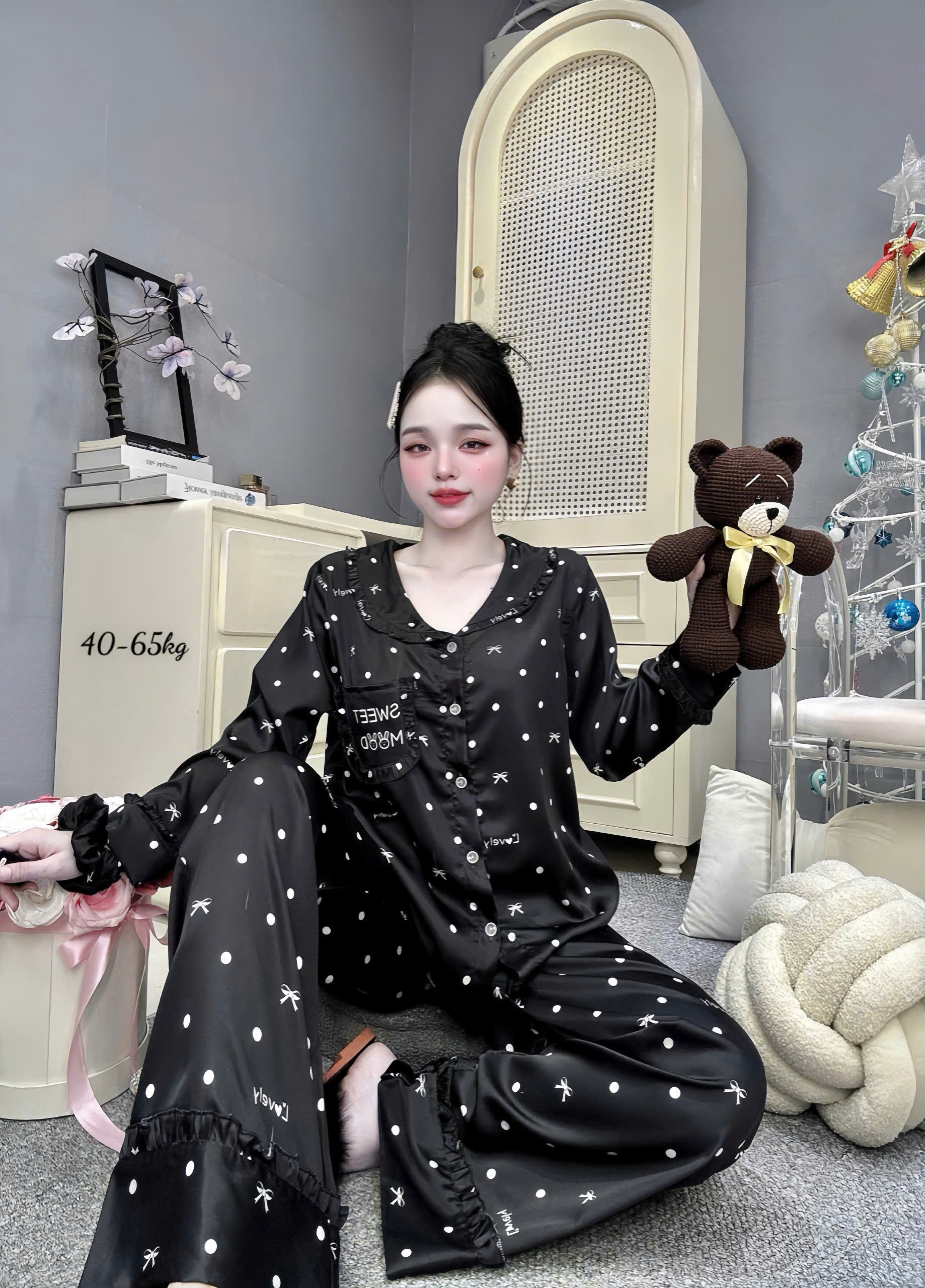[NN Pijama] Bộ Pijama Lụa Nữ Tay Dài Phối Bèo Kèm Cột Tóc
