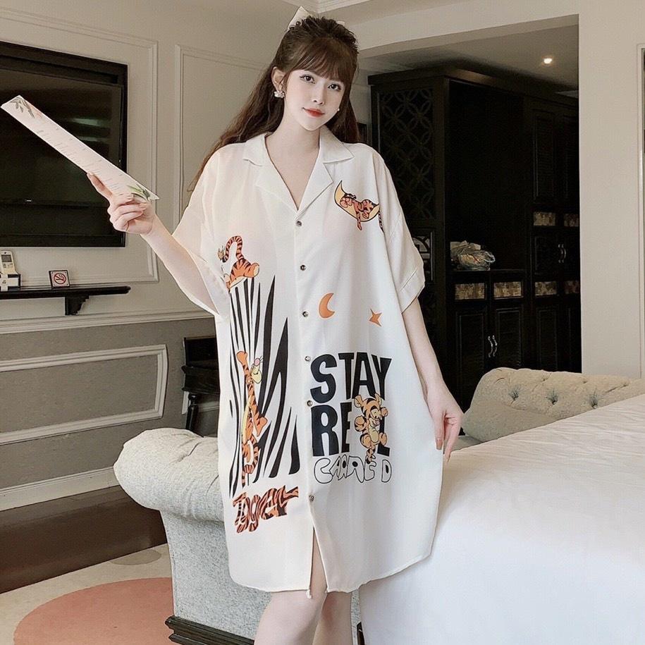 Đầm ngủ váy sơ mi form rộng, chất lụa mango mềm-mịn-mát - Freesize dưới 67kg