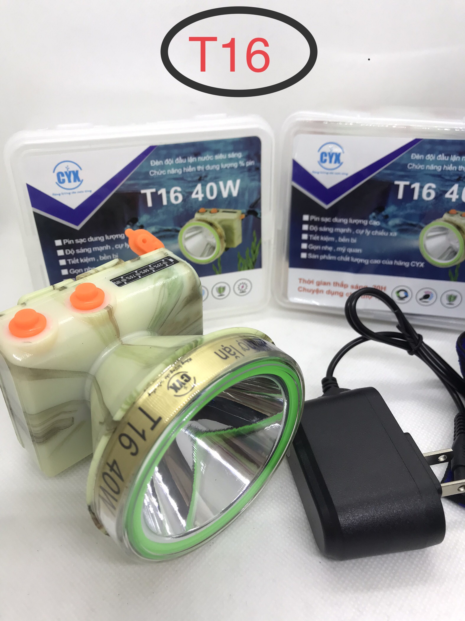 Đèn Pin Đội Đầu Lặn Nước Siêu Sáng T16  chức năng hiện thị dung lượng Pin, 2 nút điều chỉnh, 3 chế độ sáng