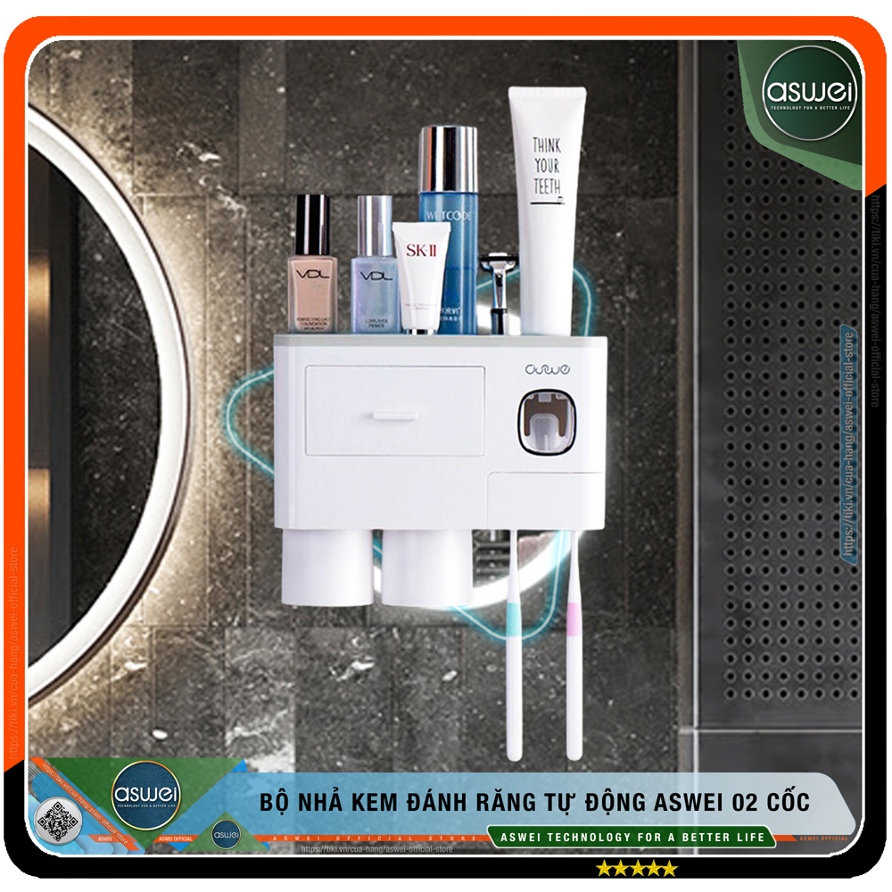 Bộ Nhả Kem Đánh Răng Tự Động ASWEI 2,3,4 Cốc - Chất Liệu Nhựa ABS Cao Cấp - Kệ Để Đồ Nhà Tắm ASWEI Tích Hợp Giá Treo Bàn Chải Đánh Răng Và Cốc - Kệ Nhà Tắm ASWEI - Hàng Chính Hãng