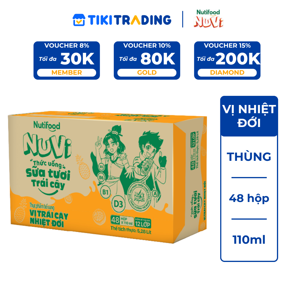 Thùng 48 hộp Thức Uống Sữa Tươi Trái Cây Tươi Nuvi Vị Nhiệt đới 110ml - Tăng Cường Chiều Cao, Phát Triển Trí Não