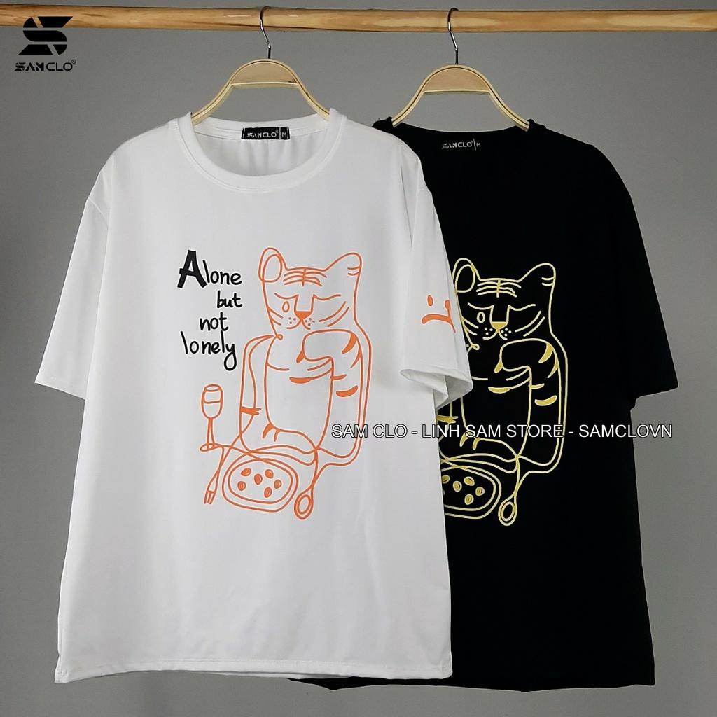 Áo phông nữ tay lỡ thun form rộng SAM CLO freesize dáng Unisex mặc cặp, nhóm, lớp in con mèo chữ ALONE BUT NOT LONELY