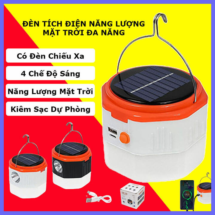 Đèn năng lượng mặt trời sạc tích điện kiêm đèn pin chiếu xa đa năng có móc treo, cổng sạc USB tích hợp sạc dự phòng BF220