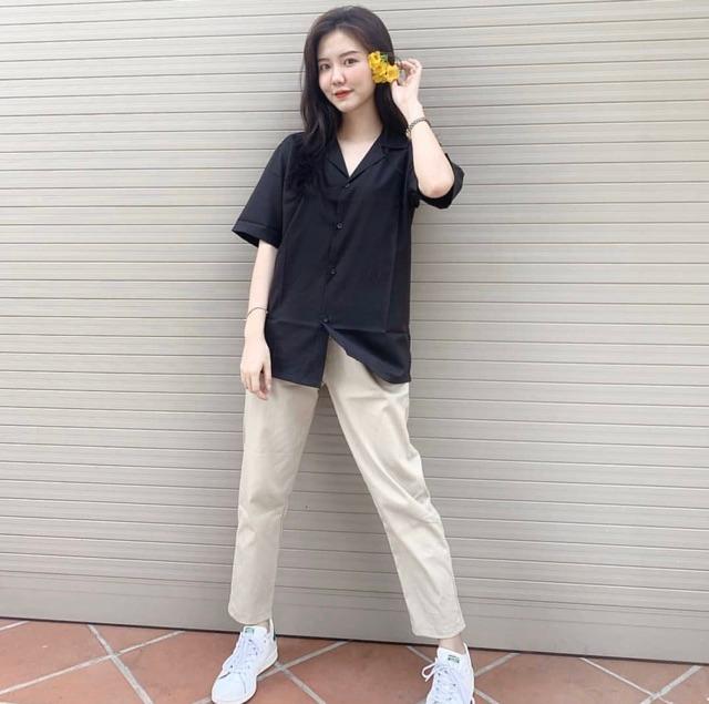 Áo Sơ Mi Nam Cổ Vest ngắn tay form rộng unisex nam nữ vải lụa