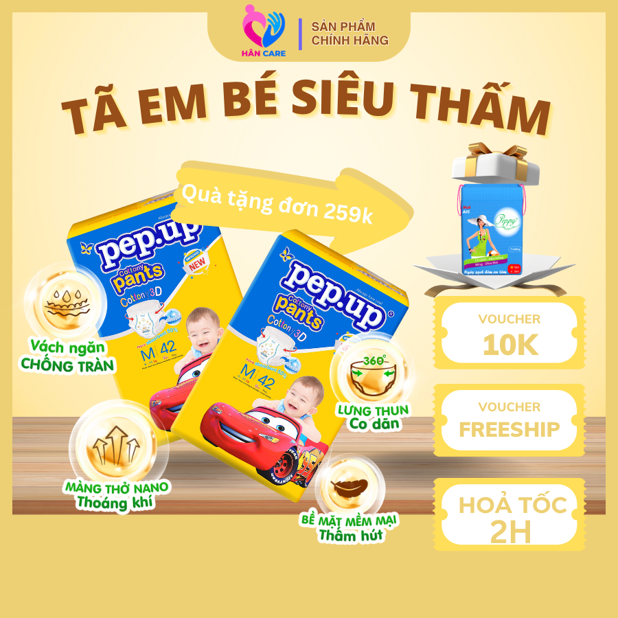 Tã/Bỉm Quần Em Bé Pep.up Cottony 3D Gói Đại Siêu Mềm Mại, Siêu Khô Thoáng, Kháng Khuẩn Size S/M/L/XL