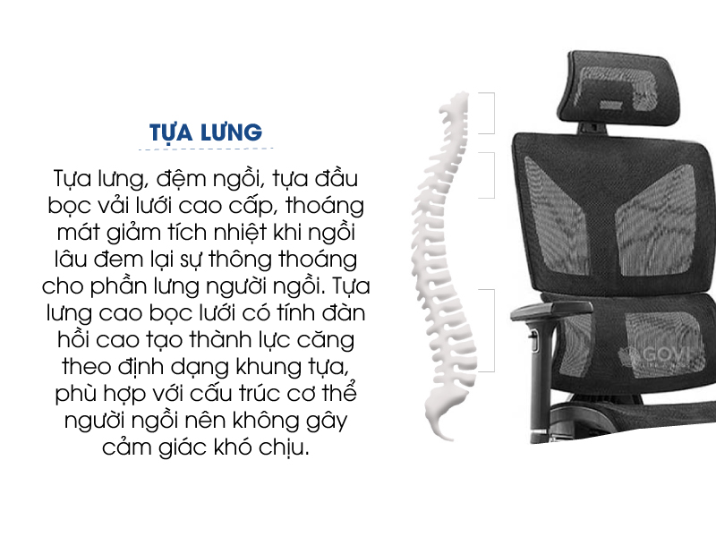 Ghế công thái học Ergonomic GOVI Plato PL11 - Tựa đầu điều chỉnh độ cao, tựa tay 3D nâng hạ, mâm ghế ngả 90-135 độ