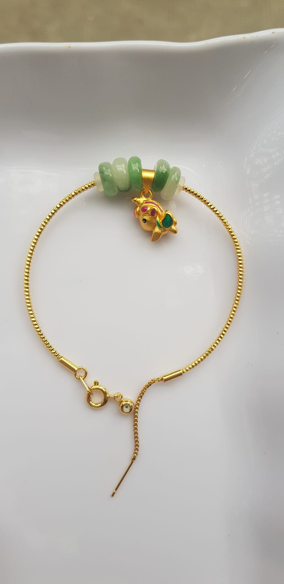 Vòng Tay charm xinh đẹp 5 đồng tiền đá cẩm thạch tự nhiên Đồng tiền Xanh ngọc trắng phối charm chú dê nhỏ may mắn Vòng màu vàng khoen rút xinh Nữ đeo dễ thương ạ