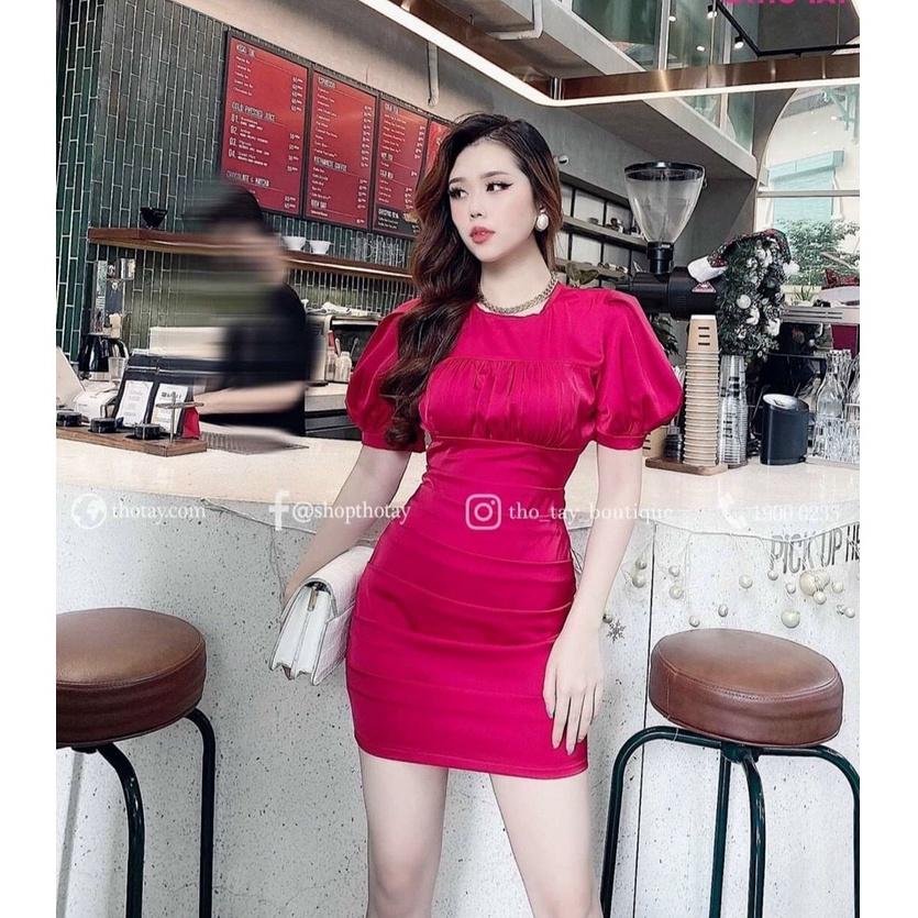 Đầm body xếp ly tay phồng cổ tròn nhún ngực sang chảnh