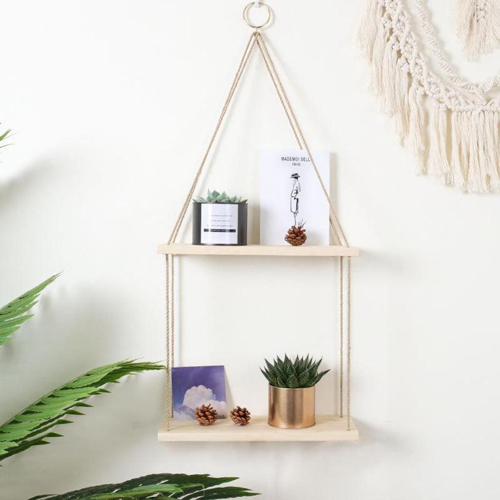 Wooden Floating Shelves with String Rope Hanging Floating Shelves