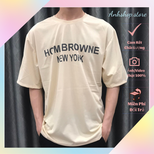 Hình ảnh Áo thun unisex tay lỡ form rộng nam, nữ họa tiết in chữ HCM BROWNE ,Chất vải cotton tháng mát dễ chịu