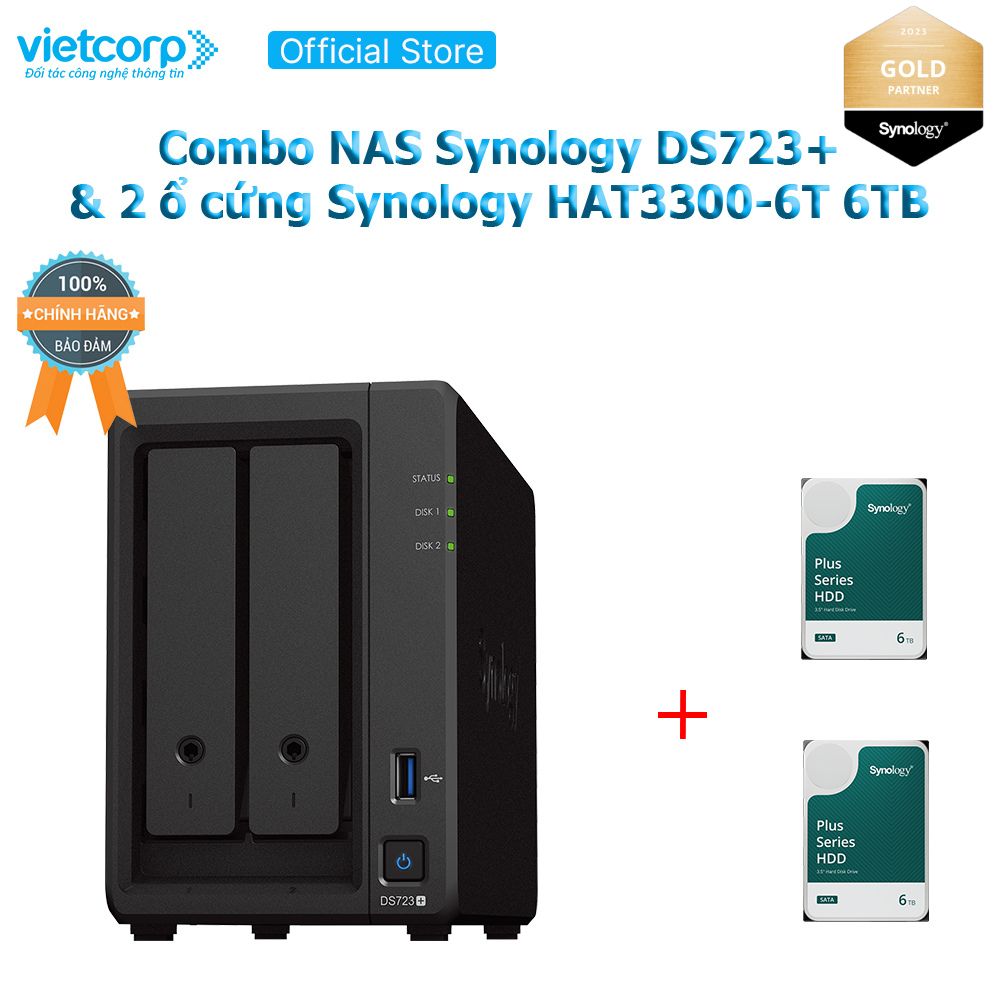 Combo Thiết bị lưu trữ NAS Synology DS723+ và 2 Ổ cứng Synology HAT3300-6T Hàng Chính Hãng