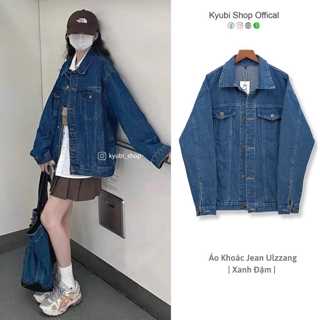 Áo khoác jeans unisex form rộng ulzzang Xanh đậm kèm túi trong - Áo khoác nữ jean denim KYUBI Jacket AKJ21