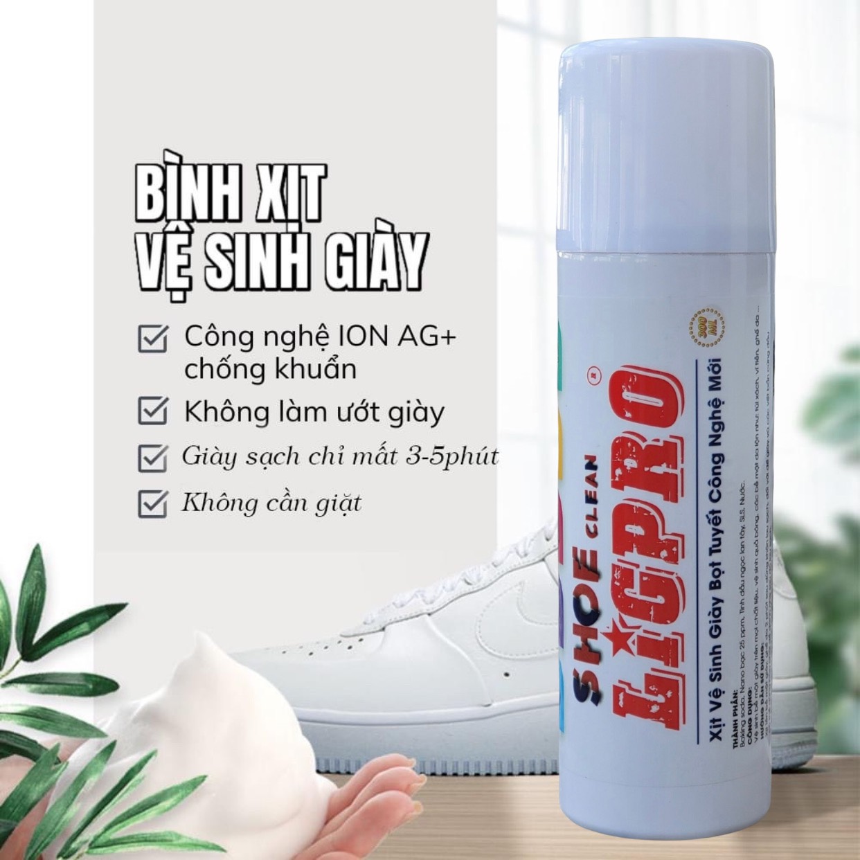 Chai xịt bọt vệ sinh giày Ligpro, 300ml, làm sạch các vết ố bẩn