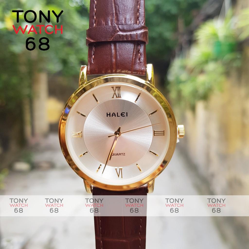 Đồng Hồ Nam Dây Da Nâu Mặt Trắng Viền Vàng Halei Chính Hãng Tony Watch 68