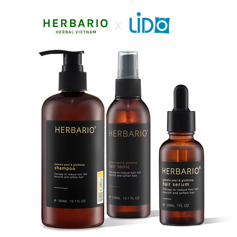 Bộ sản phẩm chăm sóc tóc: Dầu gội Herbario 300ml + Nước dưỡng tóc Herbario 100ml + Serum tóc Herbario 30ml