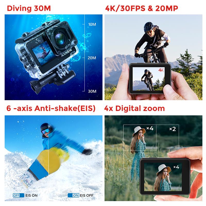 Axnen A10 Camera hành động Ultra HD 4K 30fps 20MP Camera Vlog Touch Màn hình điều khiển điều khiển điều khiển từ xa 1080p