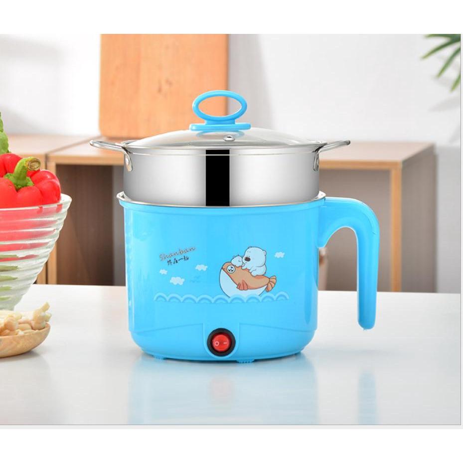 Ca Nấu Mì, Nấu Cơm Đa Năng Có Tay Cầm 1,8L - Nồi Lẩu Điện Mini Kèm Giá Hấp INOX + 1 Khay Luộc Trứng