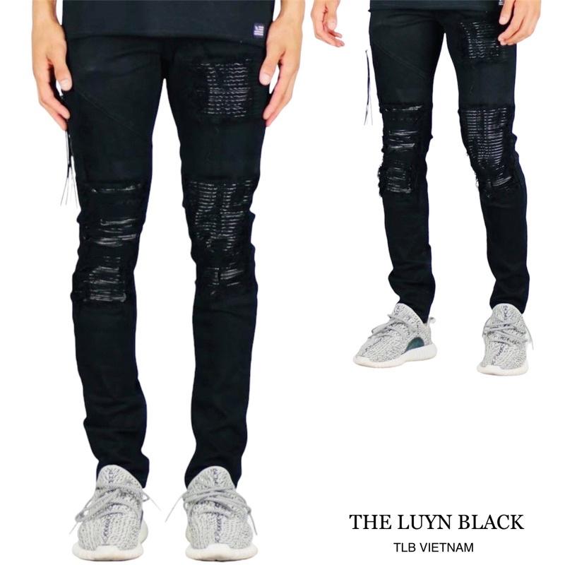 Quần Jean Nam The Luyn Black Màu Đen Rách Gối Tua Sợi Thêu Da Bike Đen Khóa Zipper Thời Trang