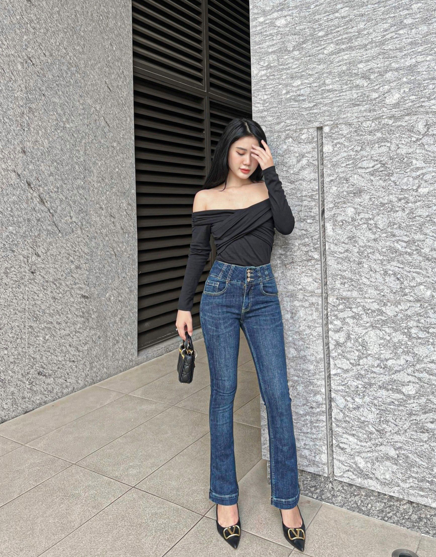 Quần jeans ống loe nữ dáng dài lưng 3 cúc siêu cao co giãn thoải mái thiết kế HQJeans HQ80