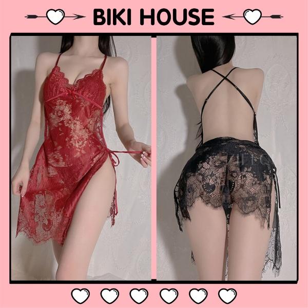 Váy ngủ 2 dây hở lưng ren xuyên thấu gợi cảm đầm ngủ sexy buộc dây hông dễ thương quyến rũ BIKI HOUSE N142 - Hỏa Tốc