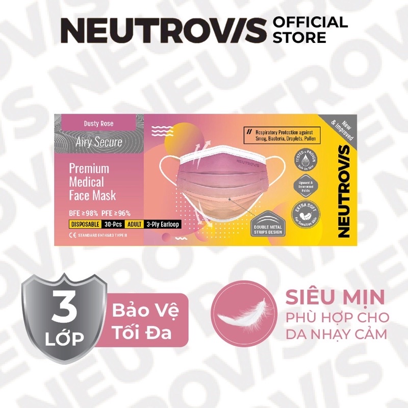 (30 Cái/Hộp)Khẩu Trang Cao Cấp Kháng Khuẩn 3 Lớp Neutrovis - Dusty Rose