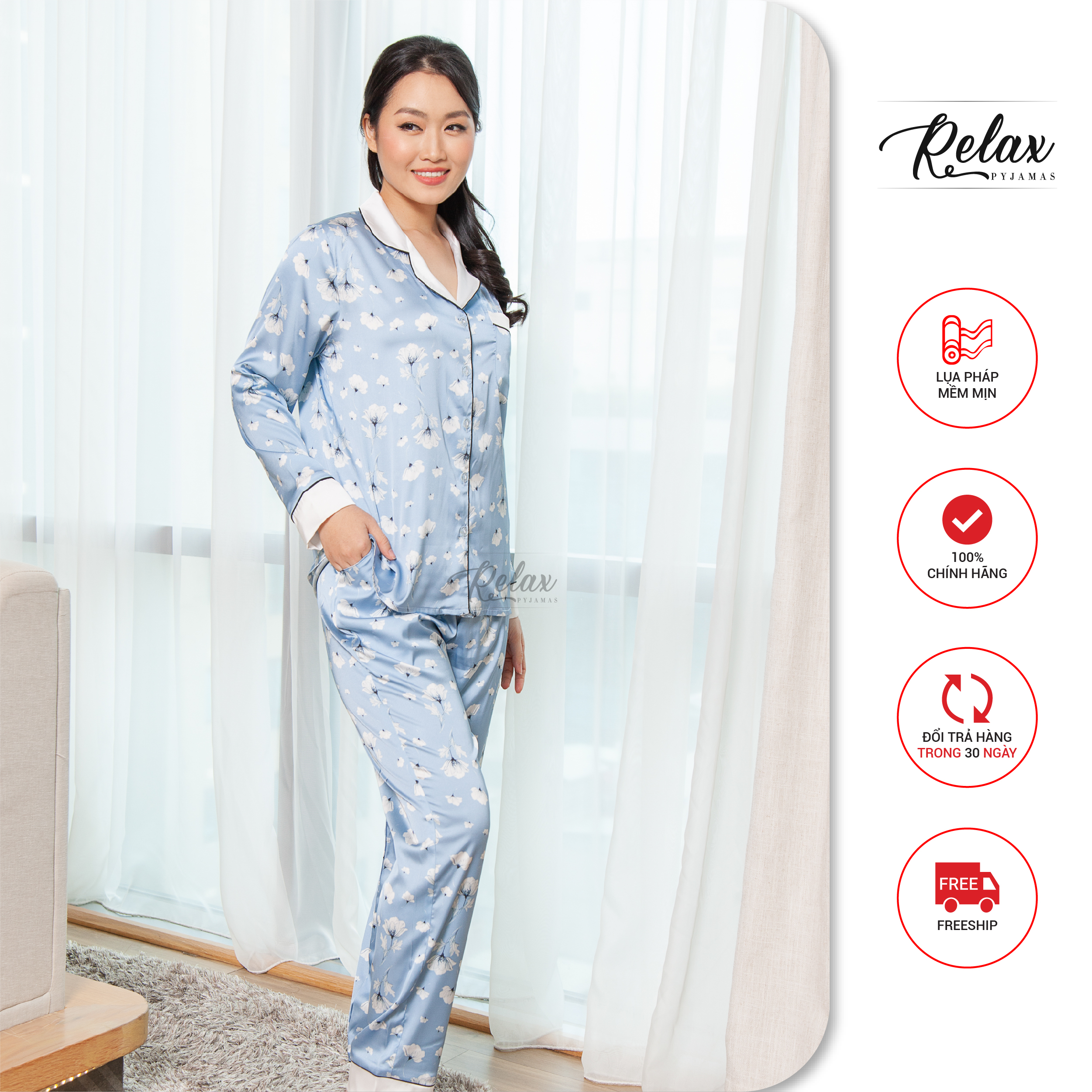 Đồ ngủ nữ pyjama tay dài quần dài họa tiết HW1004 đồ ngủ đẹp lụa Pháp cao cấp, mềm mịn - RELAX