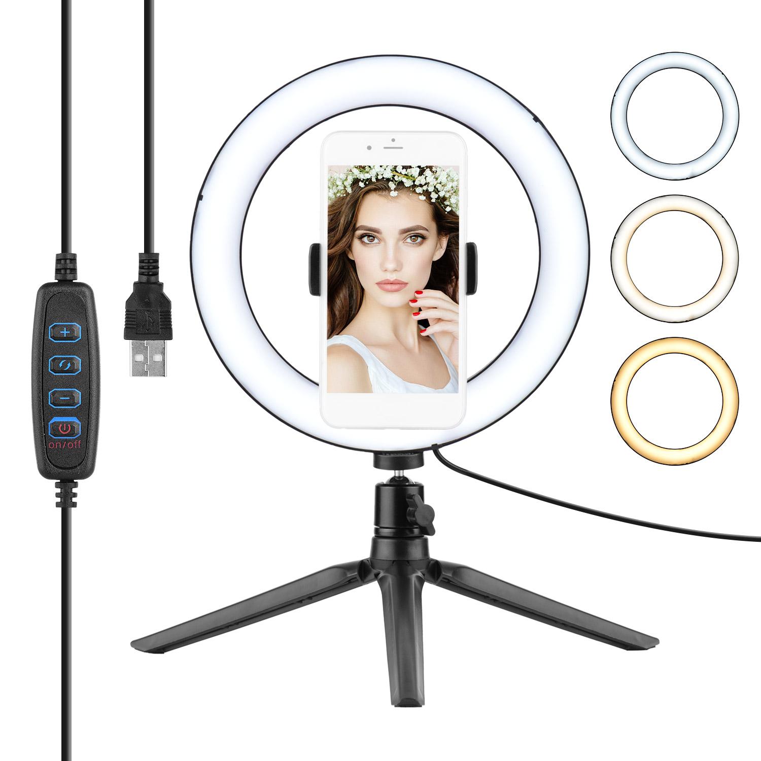 Đèn LED vòng 10 cấp có thể thay đổi màu để bàn chụp ảnh tự sướng với Đường kính 8,6 inch / 22cm 3000-6000K