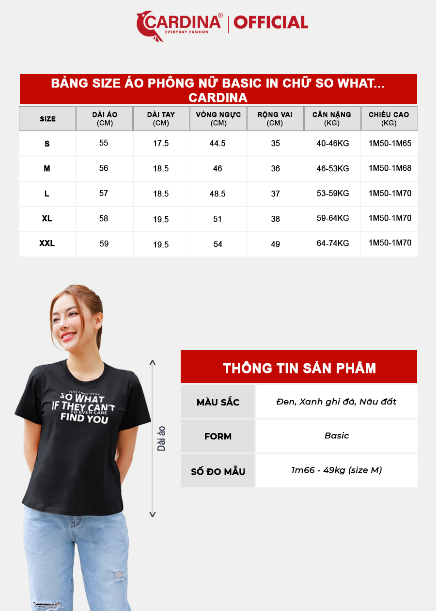 Áo Phông Nữ CARDINA Chất Cotton Cao Cấp In Chữ SO WHAT Áo Cổ Tròn Trẻ Trung Năng Động 3ATF06