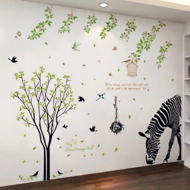 BỘ COMBO DECAL GHÉP ĐÔI dán tường - Thân Cây Chim Đen kết hợp Ngựa Vằn và dây leo lá hoa
