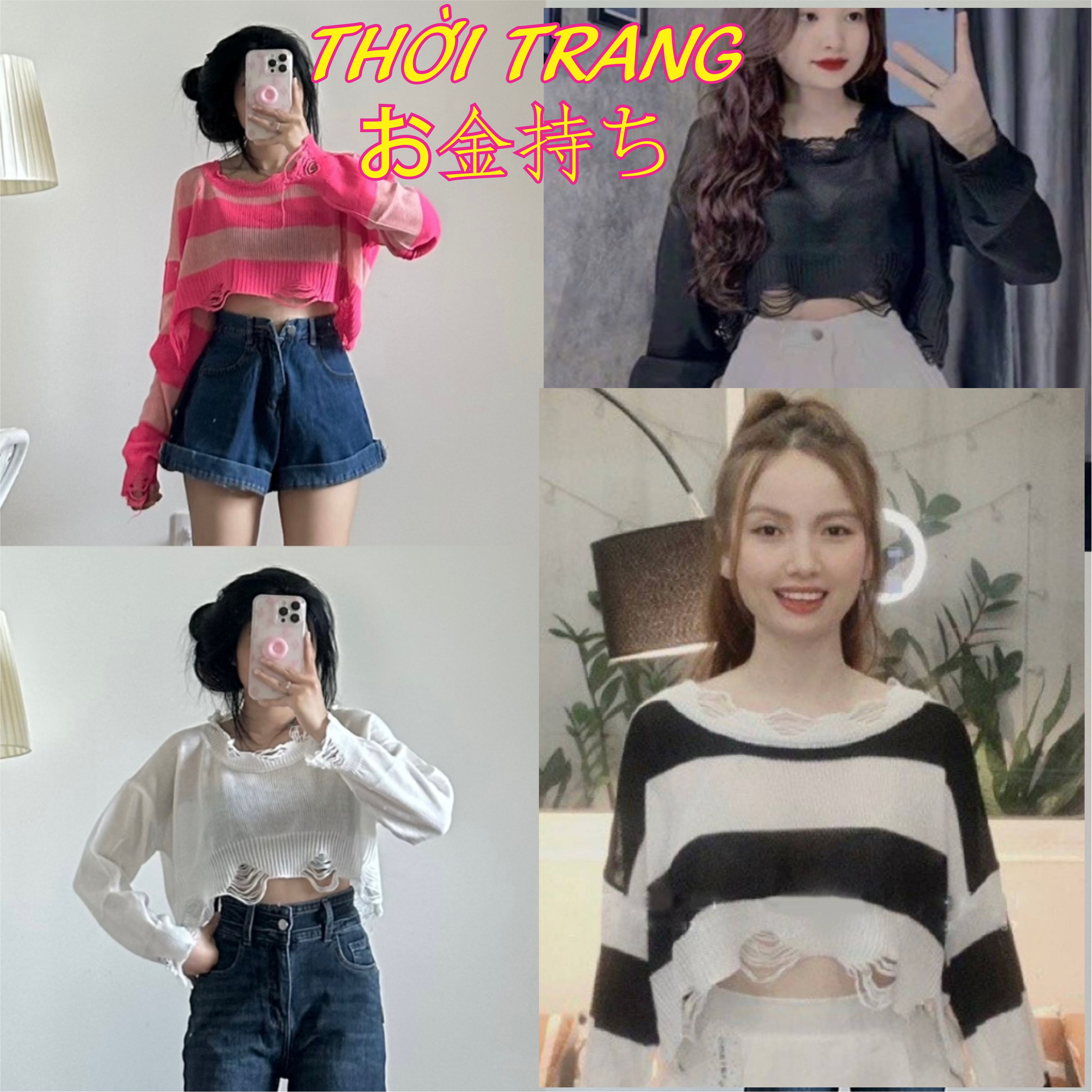 Áo len croptop nữ tay dài phối rách lưới họa tiết trơn, sọc to hiện đại 170