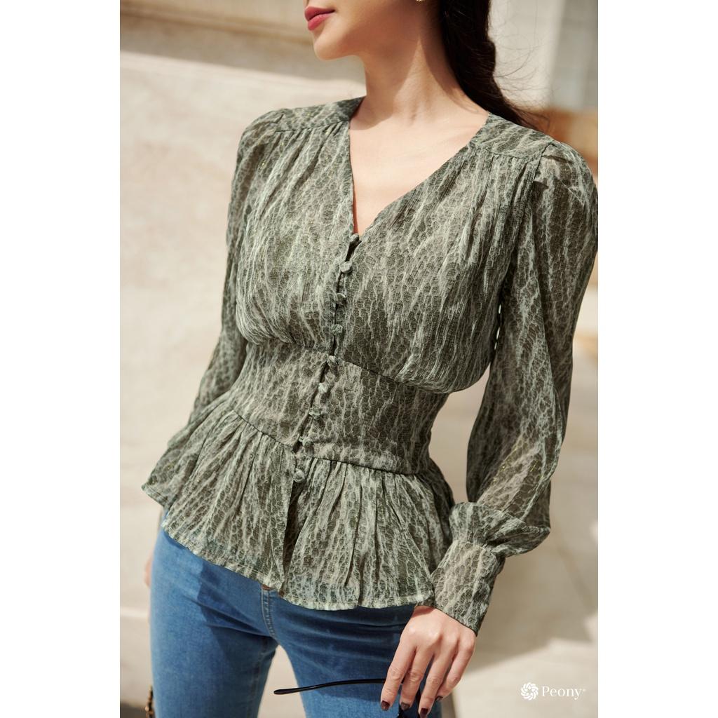 Áo sơ mi nữ dáng peplum trendy, họa tiết sành điệu, eo chun thoải mái Peony -BLUEBELL TOP