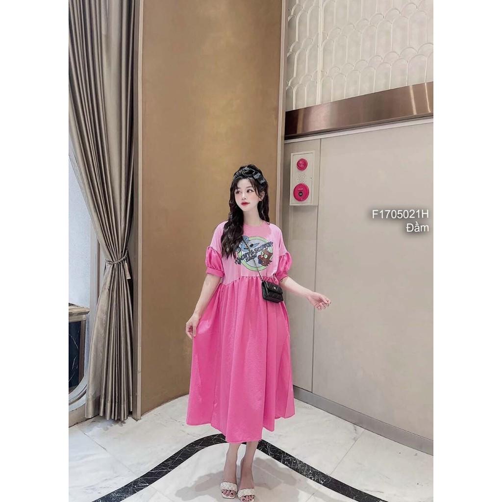 Đầm phối màu dáng suông ngực in hình chữ cổ tròn tay bồng!