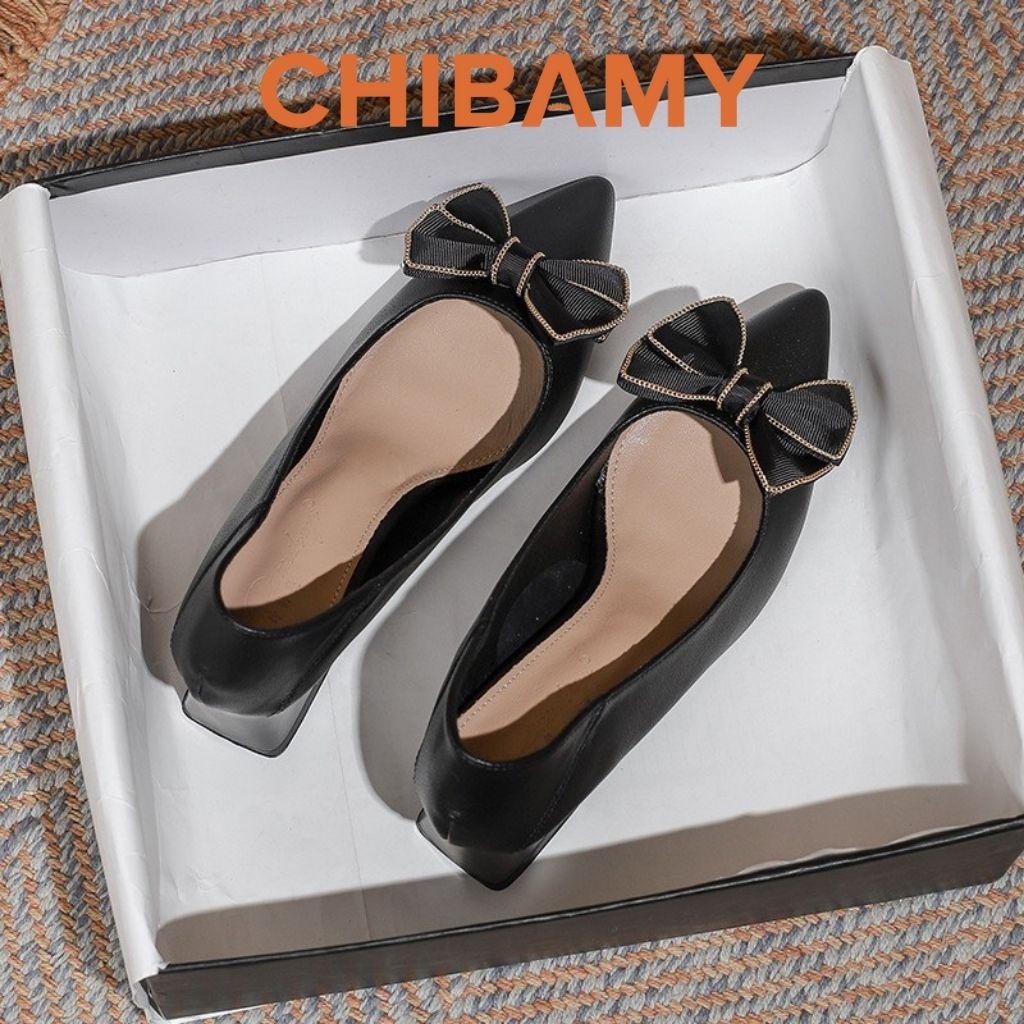 Giày cao gót nữ đính nơ 7cm CHIBAMY, giày nữ công sở mũi nhọn chất da mềm mã CG02