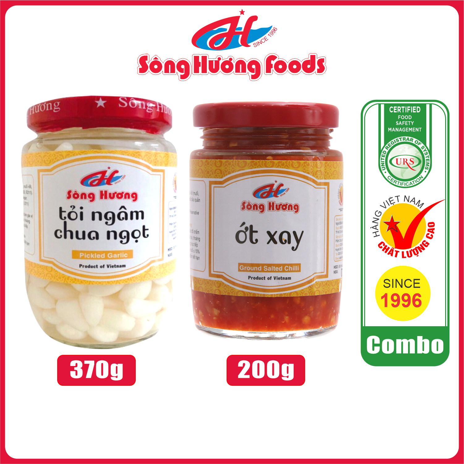 Combo 1 Hũ Tỏi Ngâm Chua Ngọt 370g + 1 Hũ Ớt Tươi Xay 200g Sông Hương Foods