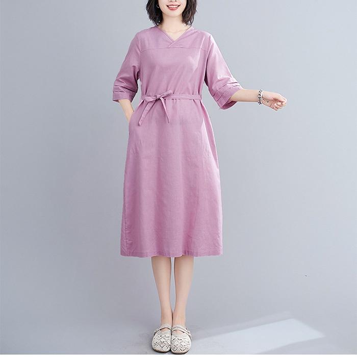Đầm suông linen cổ tim chồng tay lỡ, thời trang hè thu - Tím nhạt