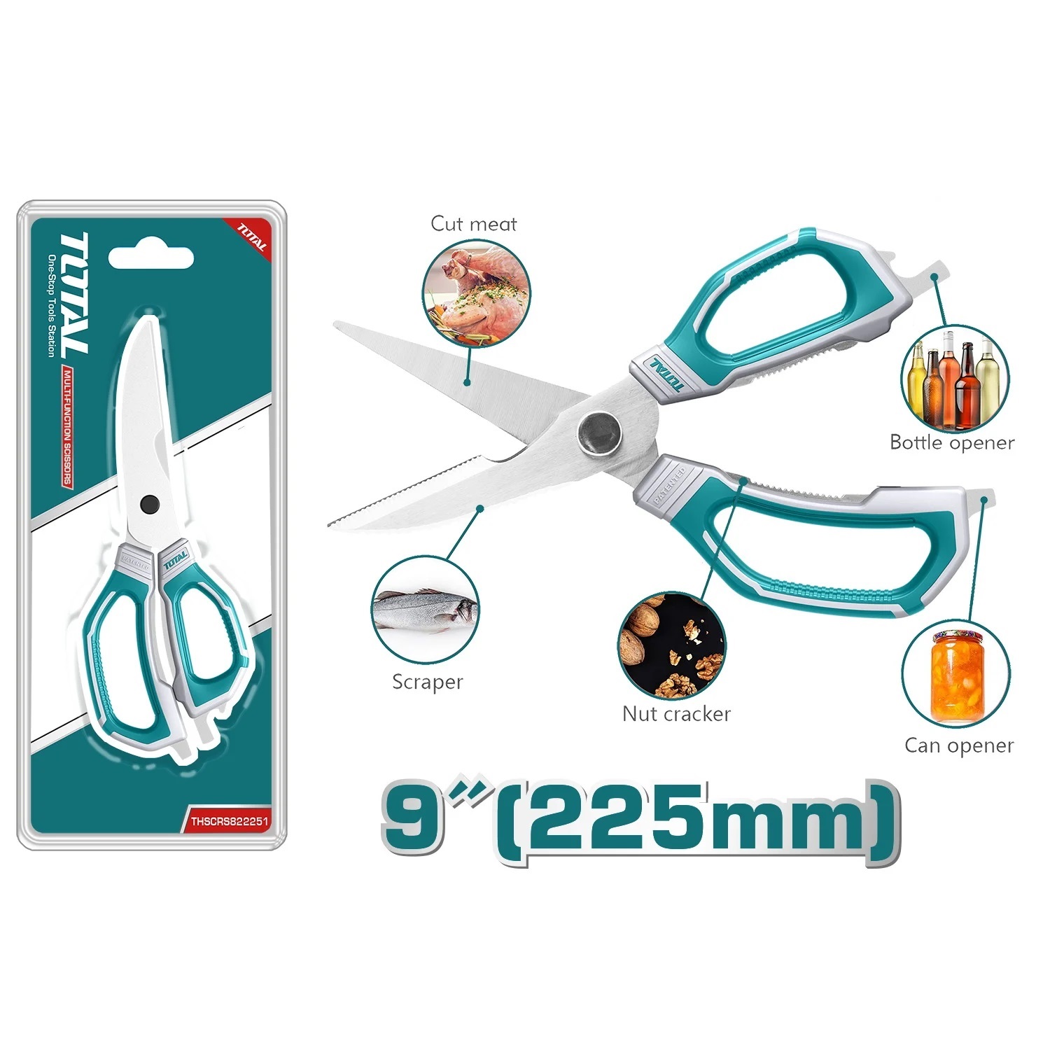 Kéo nhà bếp đa dụng cầm tay 225mm TOTAL THSCRS822251 - Nhiều công dụng, tháo rời được, chất liệu thép chuyên dụng, không gỉ, tay cầm nhựa chắc chắn