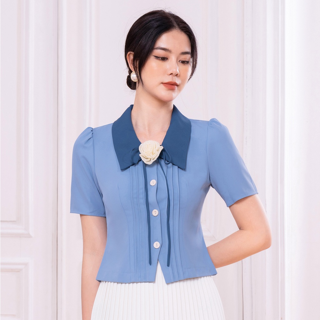 Áo Sơ Mi Nữ Công Sở Cộc Tay UK Fashion Thiết Kế Bấu Mí Phối Nơ Cổ Nữ Tính, Chất Liệu Nhập Hàn Cao Cấp NKSM2203006