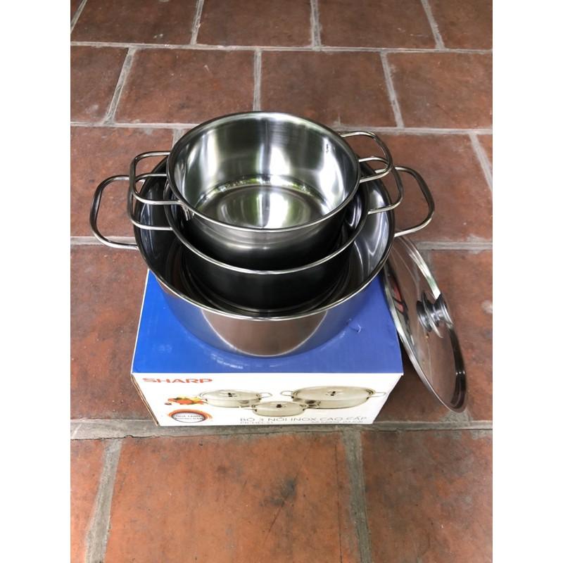 Bộ 3 nồi INOX dùng cho MỌI LOẠI BẾP - Bộ nồi inox bếp từ hàng khuyến mãi PR-HECS1 Nồi Sharp